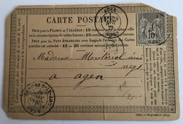 CARTE PRÉCURSEUR De AUCH Pour AGEN Affranchissement Type Sage Novembre 1877 - Precursor Cards