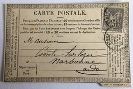 CARTE PRÉCURSEUR Pour HORLOGER A NARBONNE Affranchissement Type Sage Février 1877 - Vorläufer