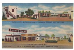 Amarillo Texas, Pueblo Court Lodging Motel Gas Station, C1940s Vintage Curteich Linen Postcard - Amarillo