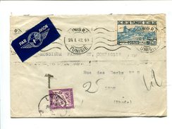 TUNISIE - Lettre Par Avion Affr. 2.50 Pour La France + TP Taxe 2 Francs Percevoir Violet 24.1.42 - Briefe U. Dokumente