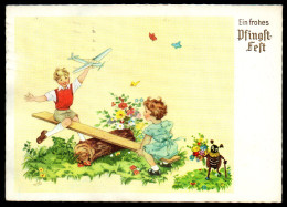 7812 - Alte Glückwunschkarte - Pfingsten - Kinder Flugzeug Maikäfer - Pinksteren