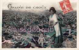 Delcampe - Photomontage - Champs De Bébés Dans Les Choux - Femme Arrosoir  1906 - 2 Scans - Babies
