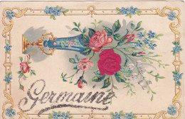 ¤¤  -   Carte à Système à Paillettes , Gauffrée  -  Prénom " GERMAINE "  -  Fleurs Dans Un Vase     -  ¤¤ - Prénoms