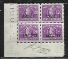 TRIESTE A 1952 AMG - FTT SOPRASTAMPATO D'ITALIA ITALY OVERPRINTED RECAPITO AUTORIZZATO LIRE 20 RUOTA III QUARTINA MNH - Revenue Stamps