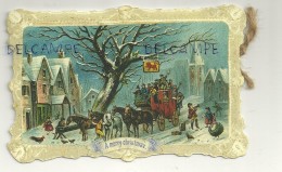 Carte Double De Voeux. A Merry Christmas. Diligence Dans Un Village Enneigé, Passants, ... - Sin Clasificación