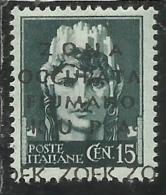 ZONA FIUMANO KUPA 1941 SOPRASTAMPATO D´ITALIA ITALY OVERPRINTED CENT. 15 MNH FIRMATO SIGNED - Fiume & Kupa