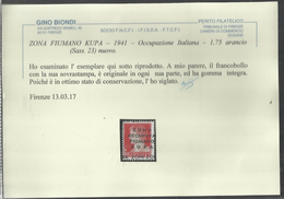 ZONA FIUMANO KUPA 1941 SOPRASTAMPATO D'ITALIA ITALY OVERPRINTED LIRE 1,75 MNH CERTIFICATO - Fiume & Kupa