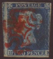 1841 2d Blue 'HK' Plate 4, Used With RED MALTESE CROSS, SG 14e (Spec E1ua) With 3 Margins, A Couple Of Pin Holes... - Other & Unclassified