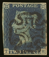 1840 2d Blue 'TH' Plate 2, SG 5, Finely Used With Neat Upright Almost Complete Black Maltese Cross Postmark, 3+... - Other & Unclassified