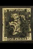 1840 1d Black 'QF' PLATE ELEVEN, SG 2, Used With 4 Margins & Black MC Pmk, Small Thin In Margin At Left Clear... - Non Classificati