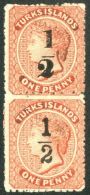 1881 ½ On 1d Dull Red, Surcharge Types 9 & 10 In Vertical Pair, SG 17+18, Mint No Gum, Attractive... - Turks E Caicos