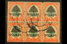 CUSTOMS DUTY 1947/54 6d Orange & Green, Block Of Ovptd "DOUANE" Barefoot 52, Used, Scarce Multiple, One Stamp... - Zonder Classificatie