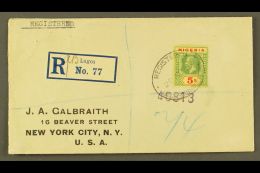1915 (Aug) Neat Envelope Registered Lagos To New York, Bearing Single 5s Green And Red On Yellow, SG 10, Tied Oval... - Nigeria (...-1960)