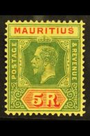 1913-22 5r Green & Red/orange Buff On Pale Yellow Paper, SG 203a, Very Fine Mint For More Images, Please Visit... - Mauritius (...-1967)