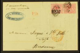 1867 Cover To Bordeaux Bearing 4d Rose (SG 62) Vertical Pair Tied By "B53" Cancels, Alongside Red "POS AN.V. SUEZ... - Maurice (...-1967)