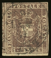 TUSCANY 1860 1c Brown Lilac, Sass 17b, Very Fine Used With Four Clear Margins, Showing Portion Of Adjoining Stamp... - Zonder Classificatie