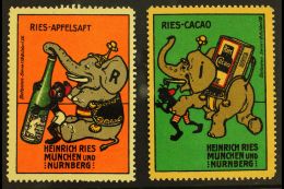 ELEPHANT LABELS Circa 1913 Two Advert Labels Produced By The Firm Of Heinrich Ries, Showing A Cartoon-style... - Otros & Sin Clasificación