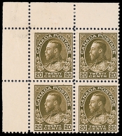 1912 20c Sage Green, Wet Printing, Unitrade 119b, Fine Mint CORNER BLOCK 4 From The Top Left Position, 2 Stamps... - Andere & Zonder Classificatie