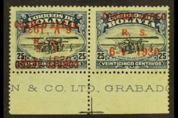 130 25c Dark Blue & Black Air Graf Zeppelin "Correo Aereo" Horizontal PAIR, ONE WITH DOUBLE OVERPRINT ONE... - Bolivie