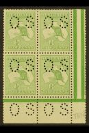 OFFICIALS 1913 ½d Pale Green, Punctured "O S" (smaller Letters, SG Type O2), Corner Marginal Block Of 4, SG... - Andere & Zonder Classificatie