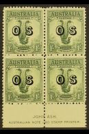 OFFICIAL 1932 1s Green, Lyrebird, "O S" Overprint In JOHN ASH Imprint Block Of 4, SG O136, Fine Mint, Hinged On... - Altri & Non Classificati