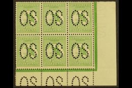 OFFICIAL 1913 ½d Green, Punctured "O S" (large Letters, SG Type O1), Corner Marginal Block Of 6, SG O1,... - Other & Unclassified