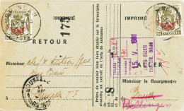 848/24 - Carte Caisse De Retraite - RARE Affranchie ALLER-RETOUR TP Service 1944 MOLENBEEK Et BELLINGEN - Storia Postale