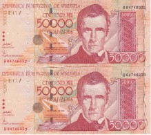 PAREJA CORRELATIVA DE VENEZUELA DE 50000 BOLIVARES DEL AÑO 2006 SERIE B CALIDAD EBC (XF) (BANKNOTE) - Venezuela