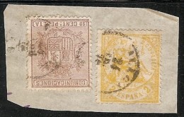 1874-ED. 143 Y 153 EN FRACMENTO-  I REPÚBLICA- ALEGORÍA DE LA JUSTICIA 2 CTS. AMARILLO Y ESCUDO DE ESPAÑA-USADO FECHADOR - Gebruikt