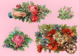 Ensemble De 4 Découpis Gaufrés En Relief,  Fleurs, Roses, Marguerites, Anémones. - Bloemen