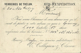 1877 - CARTE PRECURSEUR TYPE SAGE REPIQUEE Des VERRERIES De TRELON (NORD) Pour PIERRY Près EPERNAY (MARNE) - Cartes Précurseurs