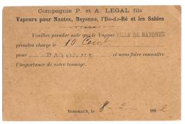 ENTIER POSTAL. REPIQUAGE : Compagnie P&A LEGAL .VAPEURS POUR NANTES ,BAYONNE, L'ile De Ré , Et Les Sables .  1892... - AK Mit Aufdruck (vor 1995)