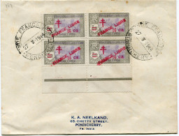 INDE FRANCAISE FRANCE LIBRE LETTRE AFFRANCHIE AVEC UN BLOC DE 4 AVEC VARIETE "FRANOE" DEPART INDE.. 27-3-1944 PONDICHERY - Lettres & Documents