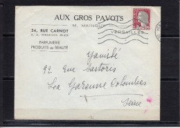 Lettre Entete Pub De VERSAILLES " AUX GROS PAVOTS  Parfumerie Produis De Beaute  "  Mne De DECARIS - 1960 Marianne Van Decaris