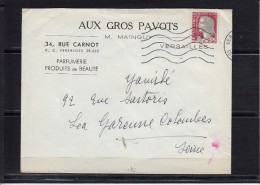 Lettre Entete Pub De VERSAILLES " AUX GROS PAVOTS  Parfumerie Produis De Beaute  "  Mne De DECARIS - 1960 Marianne (Decaris)