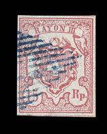 N°20 (N°23) - 15R Carmin Foncé - Rayon III - Oblit. Bleue - Type 4 - Groupe UMII - Petite Variét&e - 1843-1852 Poste Federali E Cantonali