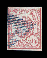 N°20 (N°23) - 15R Carmin Foncé - Rayon III - Oblit. Bleue - Type 4 - Groupe UMII - Petite Variét&e - 1843-1852 Timbres Cantonaux Et  Fédéraux