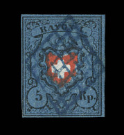 N°15 II(N°14) - Rayon I - 5r Bleu Foncé, Noir Et Rouge - Obl. Grille Bleue De CHUR - Belles Marges Dt 2 V - 1843-1852 Poste Federali E Cantonali