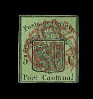 N°6 (N°3) - 5c Noir S/vert - Grd Aigle - Obl. Rosette Rge De Genève - Filet Inf. Entamé - Certif. - 1843-1852 Timbres Cantonaux Et  Fédéraux