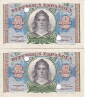 PAREJA CORRELATIVA DE 2 PTAS DEL AÑO 1938 SERIE A SIN CIRCULAR-PLANCHA-UNCIRCULATED INUTILIZADOS-PERFORADOS - 1-2 Peseten