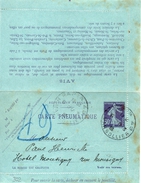 France Entier Postal Carte Pneumatique 30c Violet Type Semeuse 1908 - Neumáticos