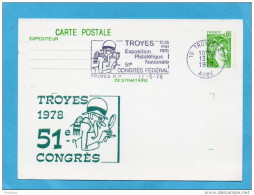 MARCOPHILIE-carte Entier Postal  0.8fr Sabine-repiquage Philatéliste Congrès Féd -cad  TROYES-1978 - AK Mit Aufdruck (vor 1995)