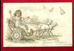 FJA-04 Enfant En Carosse Tiré Par Deux Moutons, Cloches, Joyeuses Pâques. Précurseur. Cachet 1905 - Ostern