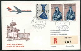 1967 Liectenstein, Primo Volo First Fly Erstflug Swissair Zurigo - Bucarest, Timbro Di Arrivo - Briefe U. Dokumente