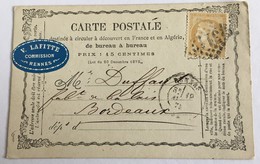 CARTE PRÉCURSEUR De RENNES Pour BORDEAUX Avec ÉTIQUETTE V. LAFITTE COMMISSION Affranchissement Type Cérès Avril 1875 - Precursor Cards