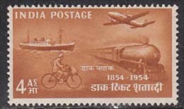 India MNH 1954, 4as Stamp Centenary, Airplane, Ship, Train, Cycling, Bicycle, Transport - Ongebruikt