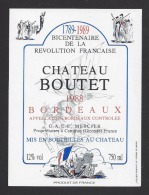 Etiquette De Vin Bordeaux 1989 - Chateau Boutet -  Bicentenaire De La Révolution - Mercier  à  Camiran  (33) - Bicentenario Della Rivoluzione Francese