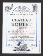 Etiquette De Vin Bordeaux 1989 - Chateau Boutet -  Bicentenaire De La Révolution - Mercier  à  Camiran  (33) - Bicentenary Of The French Revolution