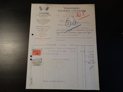 Timbres Fiscaux Sur Facture . Etablissements Colmant Et Cuvelier à Tournai.-1937- - Documentos