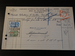 Timbres Fiscaux Sur Facture . Compagnie Nationale D'éclairage-Gaz Et électricité (CHIMAY).1937- - Documenten